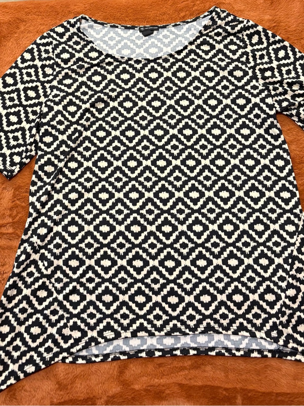 New Directions Black White Geometric Round Neck 3/4 Sleeve Pullover Top XL